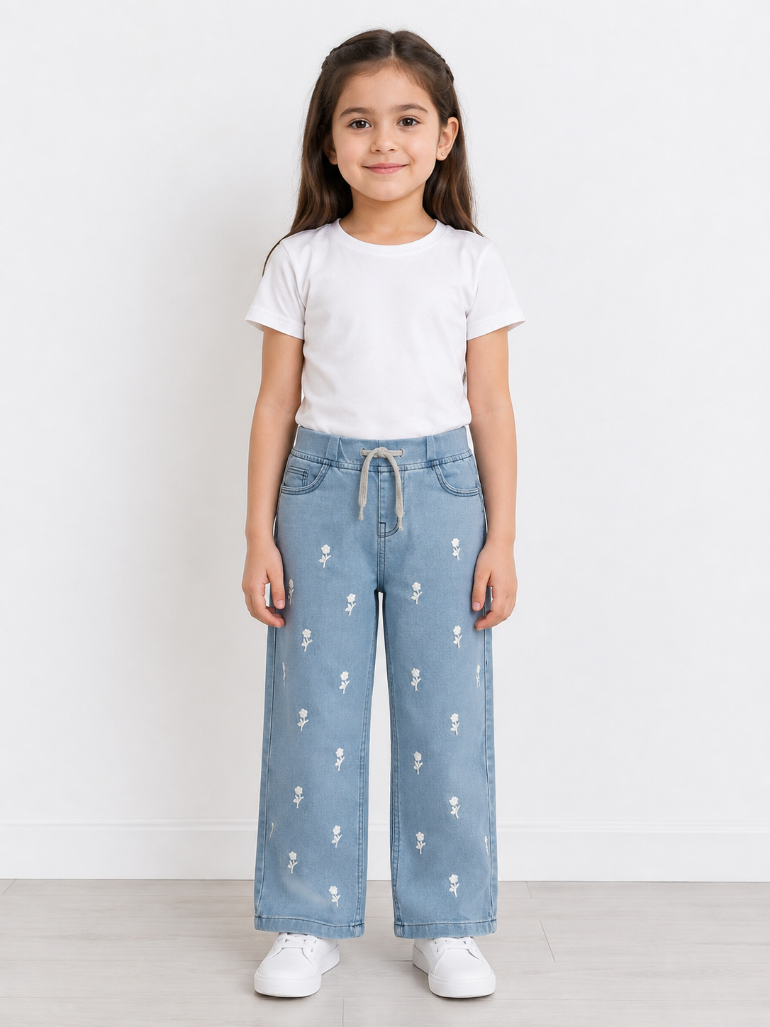Girls Floral Embroidered Denim Jeans 🌸