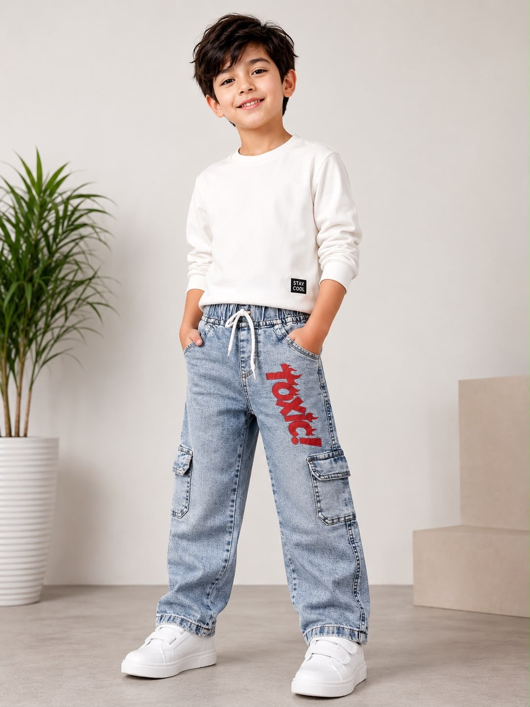 Boys Printed Denim Cargo Jeans 👖