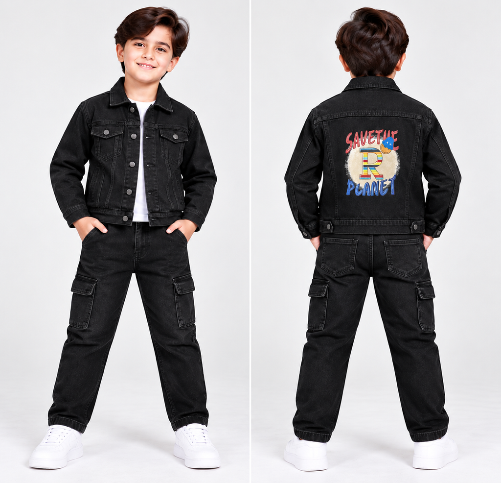 Kids Black Denim Jacket & Cargo Jeans Set