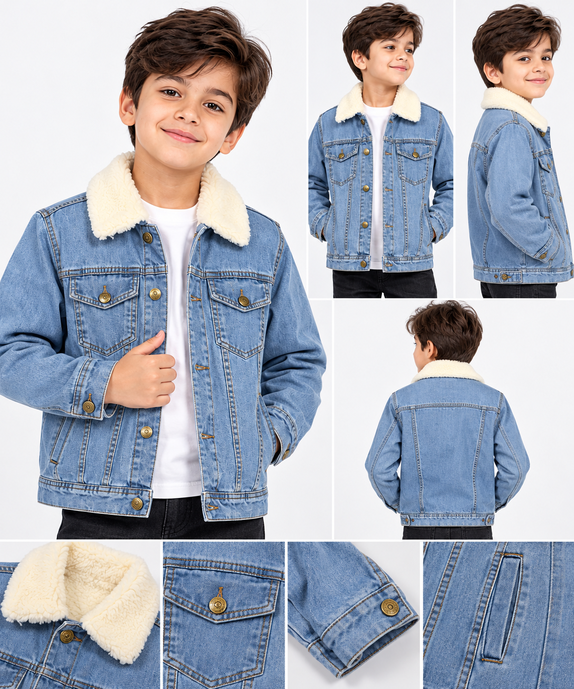 Boys Light Blue Denim Fur Jacket