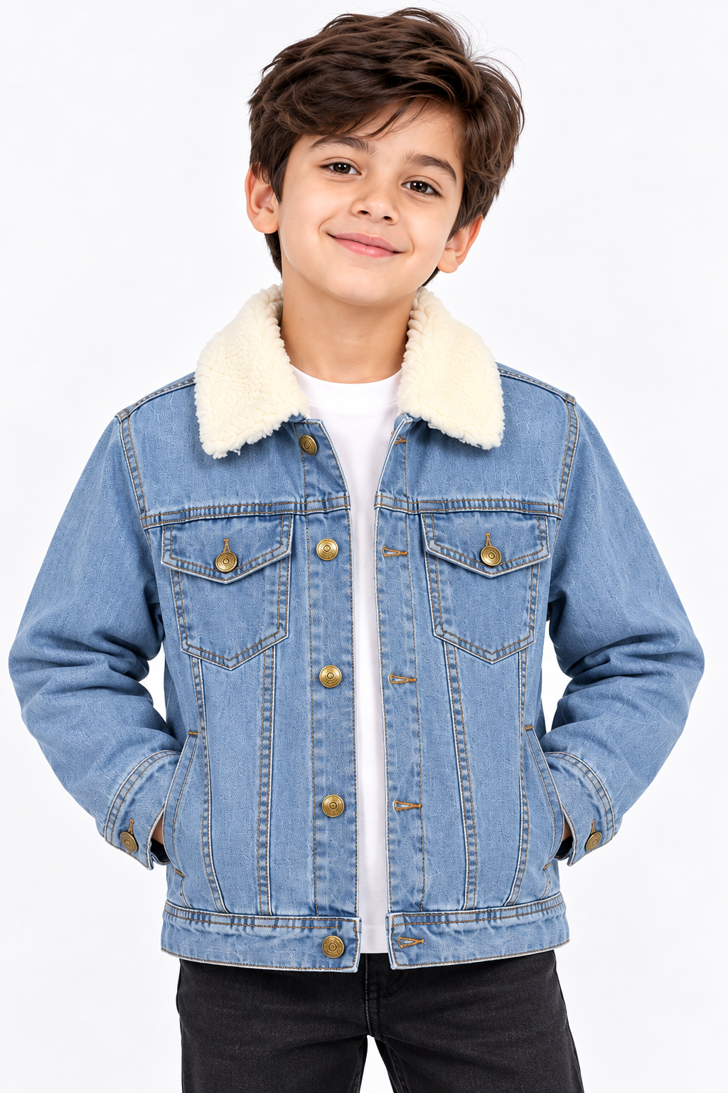Boys Light Blue Denim Fur Jacket