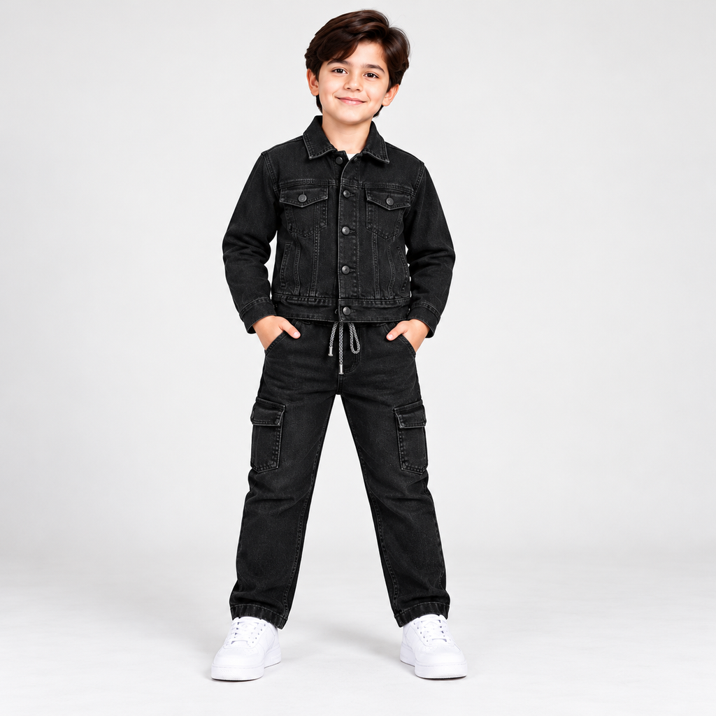 Kids Black Denim Jacket & Cargo Jeans Set