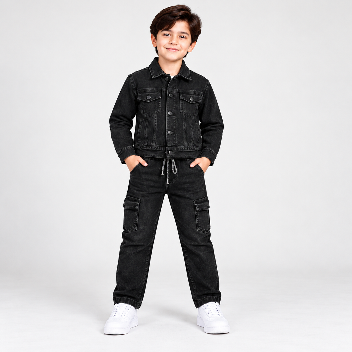 Kids Black Denim Jacket & Cargo Jeans Set